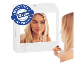 "Three-in-one" MERIDA STELLA WHITE LINE SLIM COMBO MAXI folded paper towel dispenser with a touch-free automatic foam soap dispenser and the SuperMirror-type polished stainlesss steel mirror, white